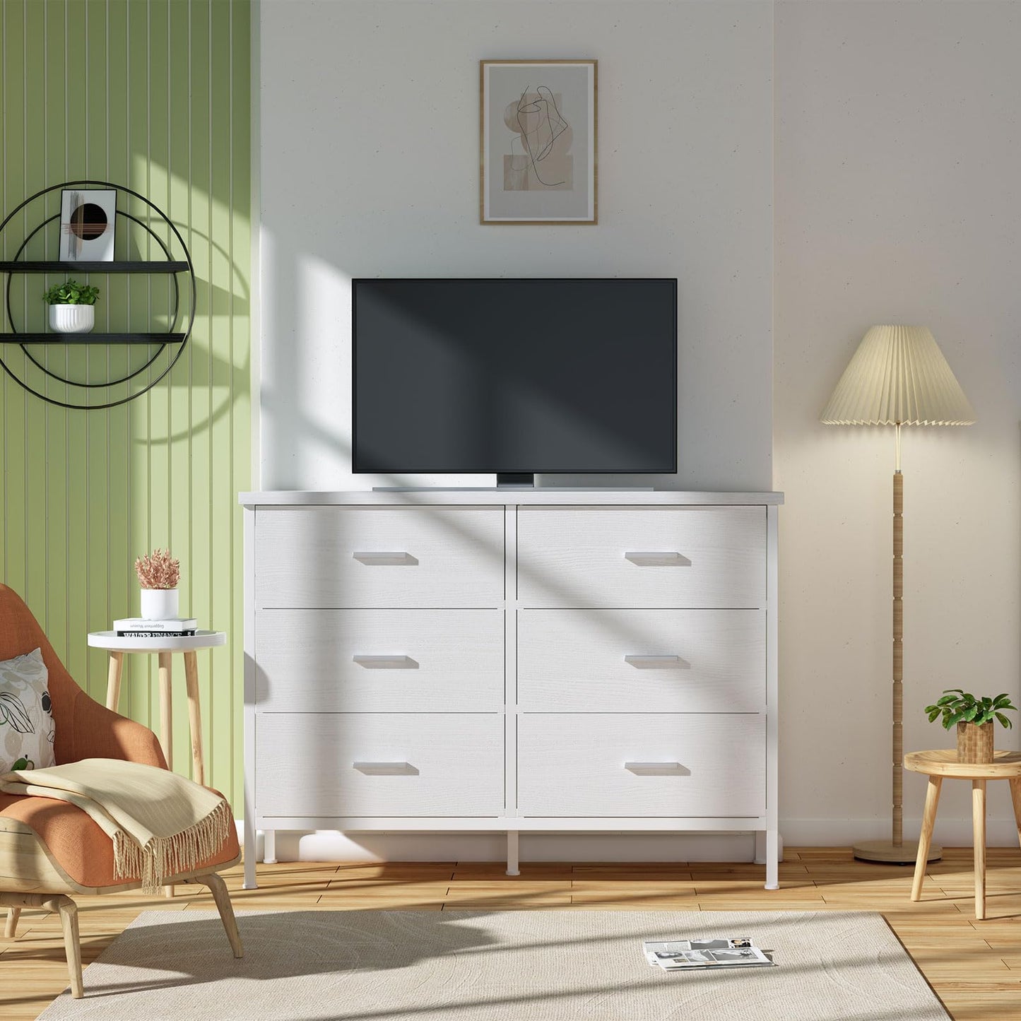 BOLUO White Dresser for Bedroom 6 Drawer,Wide Dresser TV Stand for 50" TV Dressers & Chests of Drawers Fabric Dresser Storage for Closet Modern