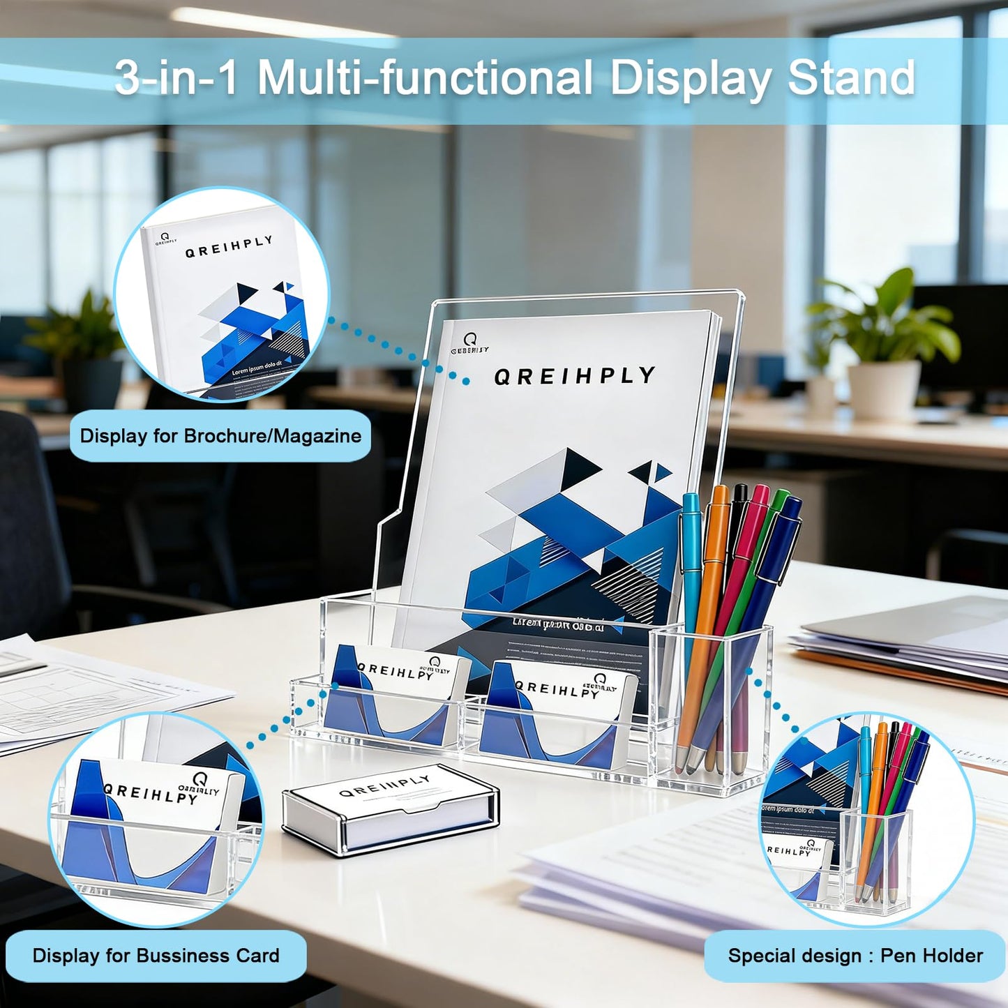 QREIHLPY Acrylic Brochure Holder 2 Pack, 8.5*11inch with Pen Holders & Business Card Slot, Clear Display Stand for Countertop, Suitable for Pamphle, Magazines, Menus, Trifold Booklets