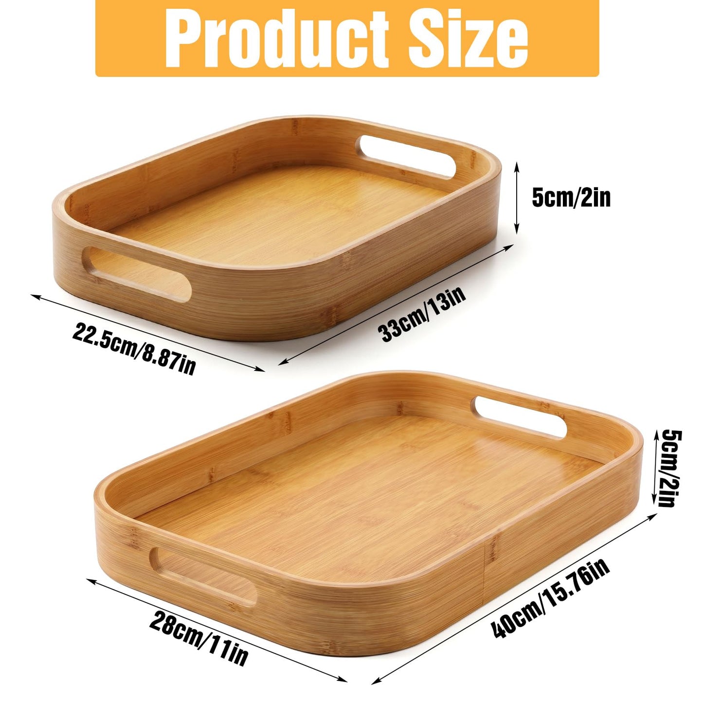 2-Pack Bamboo Serving Trays with Handles (16" & 13") – Large Solid Wood Breakfast Tray for Bed, Food Serving Platter for Coffee, Tea, Dinner, Party, Decorative Tray for Kitchen Counter & Living Room
