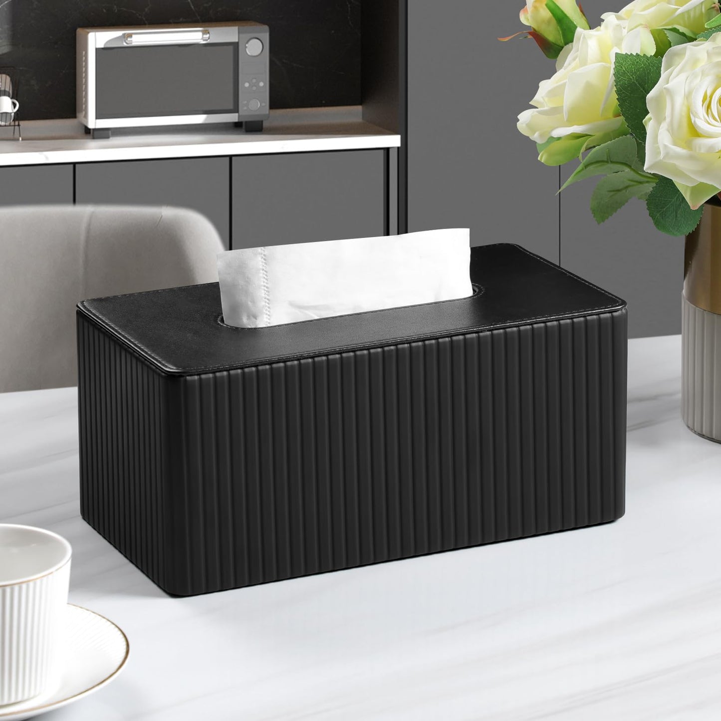 MEIBOOCH PU Leather Tissue Box Cover for up to 3.9" High Boxes, Rectangle Tissue Box Holder for Bathroom Bedroom Living Room Office (Black)