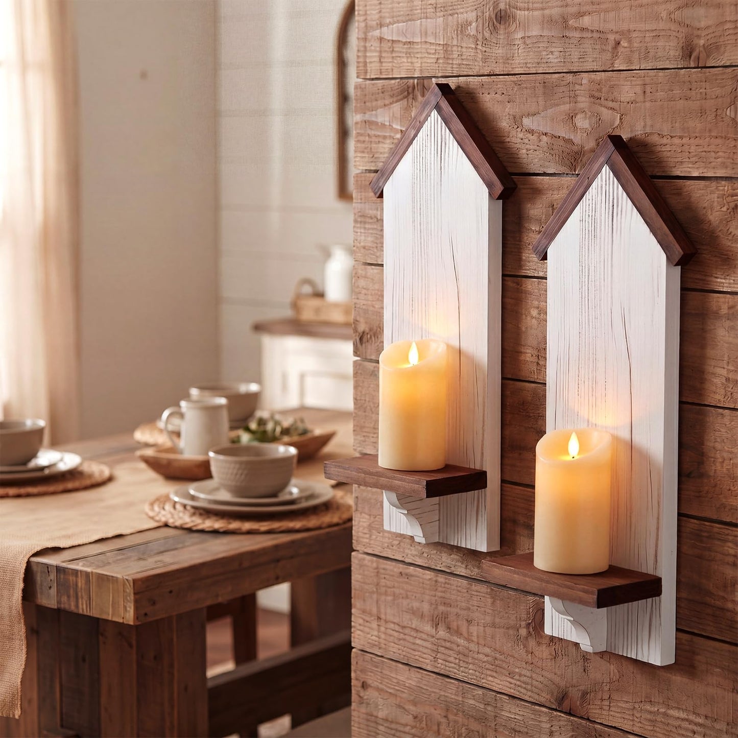 Xuhal 2 Pcs Farmhouse Candle Sconces Wall Decor Rustic Wooden Candle Holders Distressed White Candles Sconces Farmhouse Hanging Wall Decoration for Fireplace Mantel Aisle Display Shelves