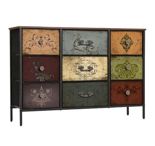 VASICAR Dresser for Bedroom with 9 Deep Fabric Drawers, Wide TV Stand Storage Cabinet, Colorful Chest of Drawers for Closet, Nursery, Entryway, Hallway