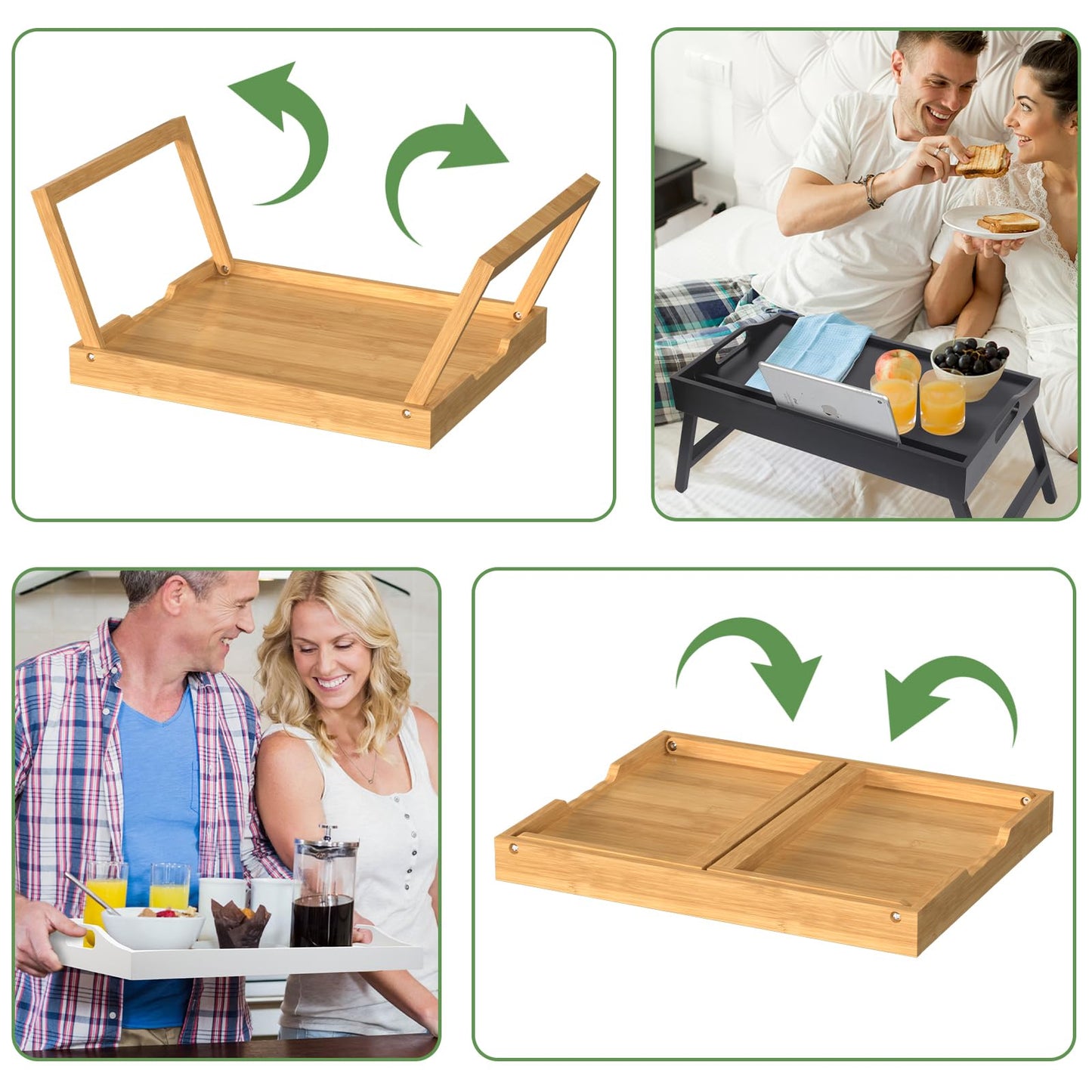 2 Pack Bed Tray Table with Foldable Legs, Bamboo Breakfast Tray for Sofa, Beds, Eating, Working, TV Table, Food, Dinner, Computer Trays, Laptop Desk Snack Folding Trays in Bed
