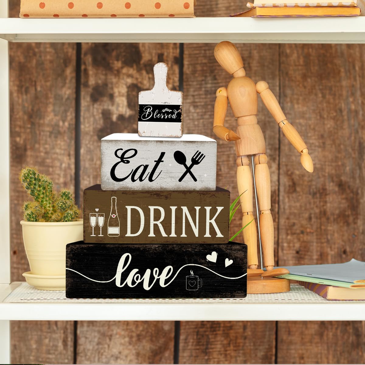 4 Pcs Farmhouse Kitchen Table Decoration Wooden Tiered Tray Decor Rustic Plate Tableware Centerpiece Block Sign for Kitchen Dinging Room Shelf Desk Decoration