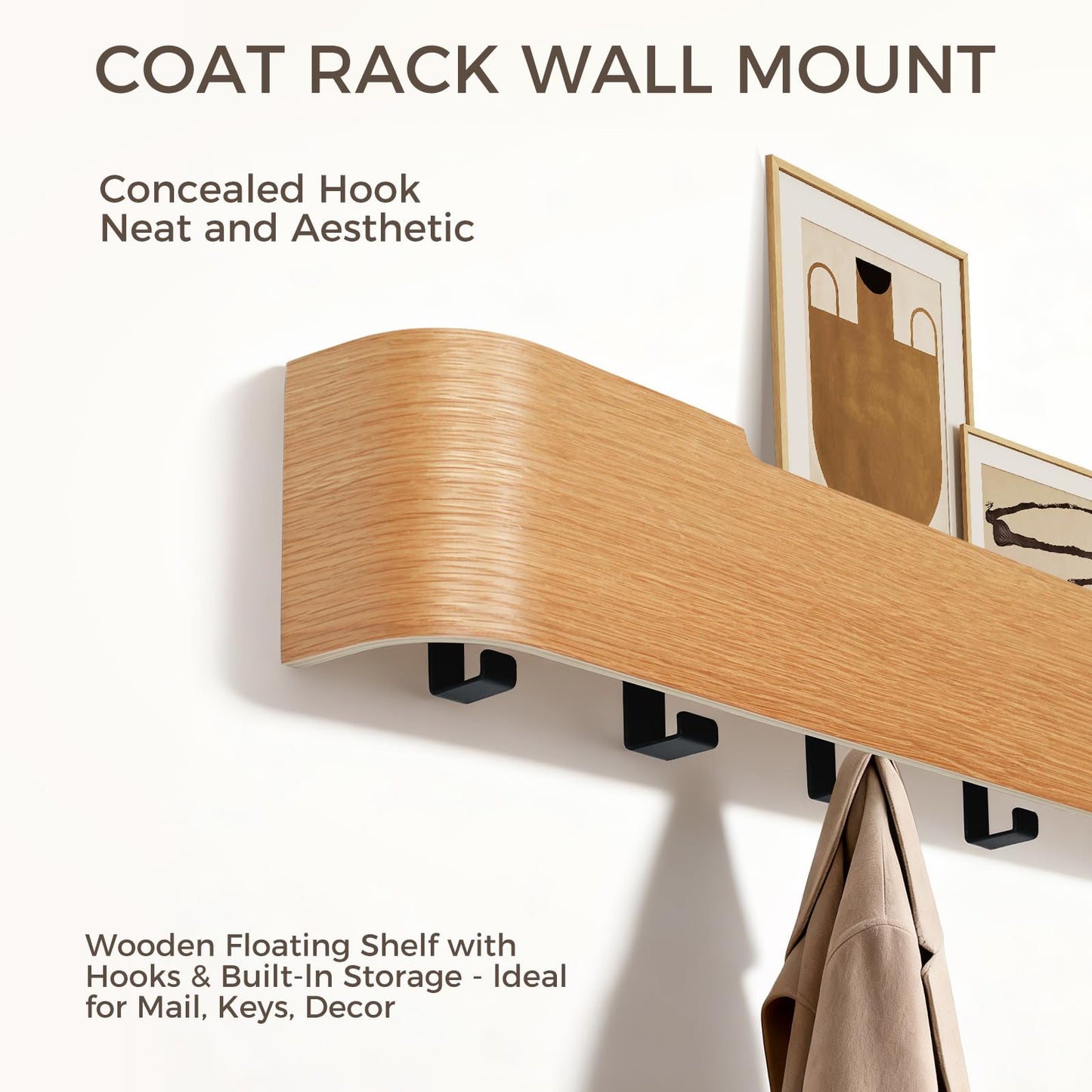 Coat Rack Wall Mount with Shelf Entryway Shelf Modern Key Holder Hanger Wall Shelves with Hidden Hooks for Hanging Towels Coats Hats Bags for Hallway Bathroom Bedroom(Oak, 4 Hooks)