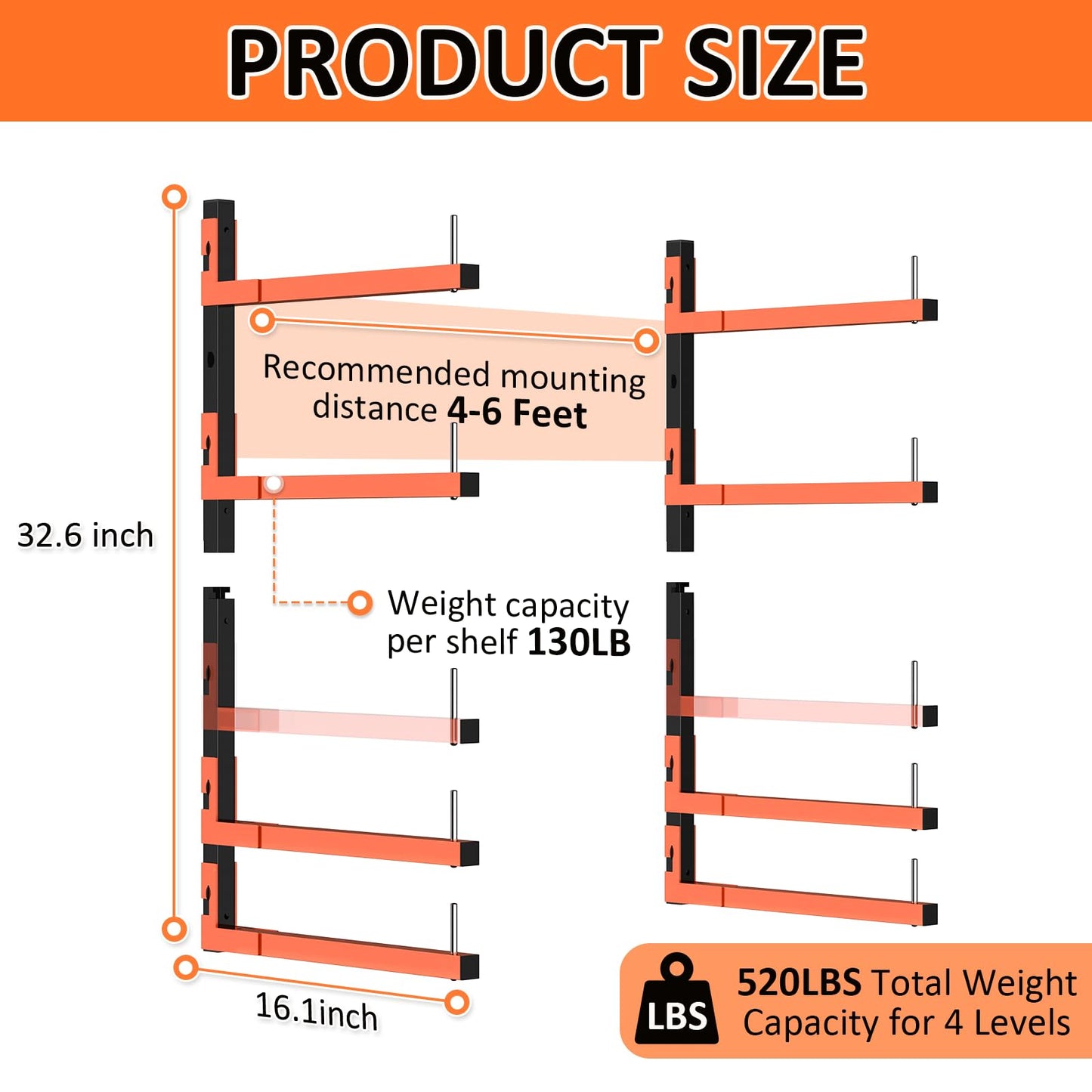 Mogbhw 2 Pack Lumber Storage Rack, Wall Mount Removable & Adjustable Lumber Rack with 4-Level Holds Up 520 Lbs, Heavy Duty Metal Garage Wood Rack for Workshop, Basement, Indoor and Outdoor