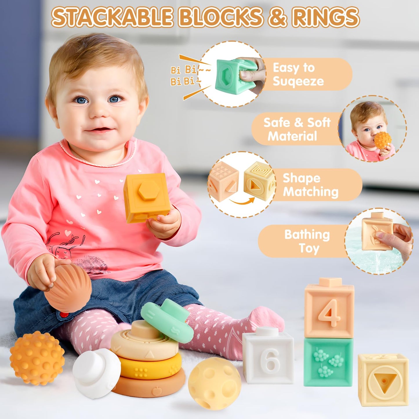 Wuzhineisn Baby Toys Montessori Toys 6 in 1 Musical Instruments for Toddler, Stacking Blocks Development Learning Educational Toy with Wooden Xylophone Infant Baby Birthday Gift