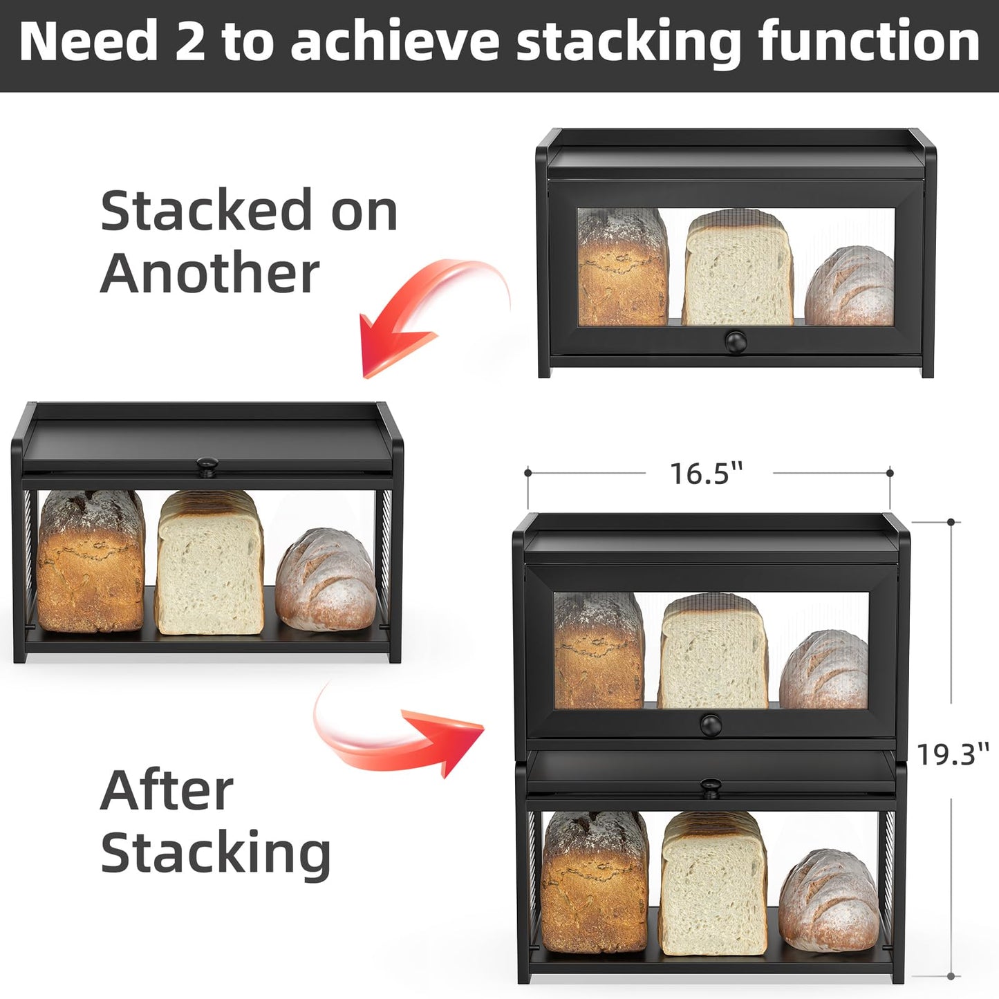 BAMBANG Bamboo Bread Box for Kitchen Countertop, Extra Large Farmhouse Bread Box with 4-Side Clear Panels, Wooden Bread Storage Container for Homemade Bread, Black