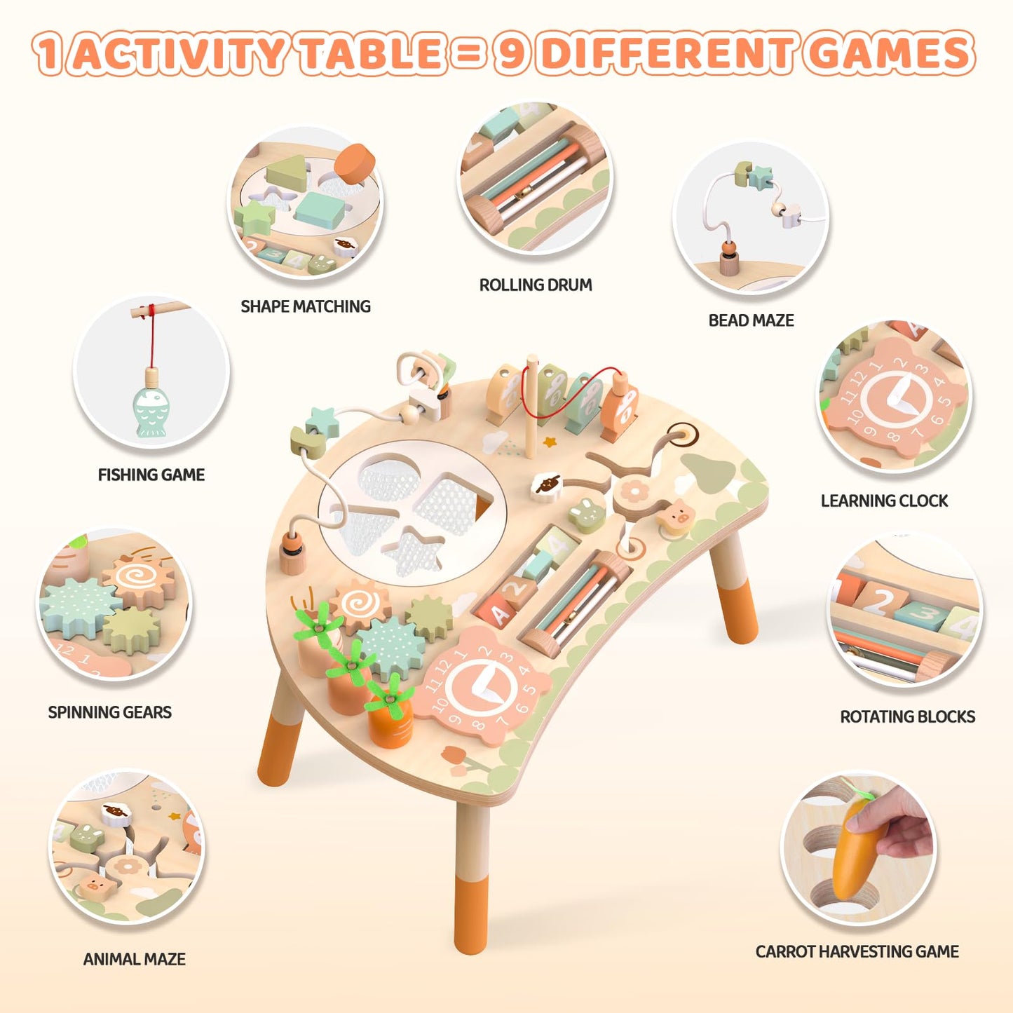 Hewaurorion Wooden Activity Table for Toddlers 1-3, 9 in 1 Montessori Sensory Table with Bead Maze Shape Sorter Fishing Game, Baby Activity Table Learning Toys for 1 2 3 Year Old Boys Girls