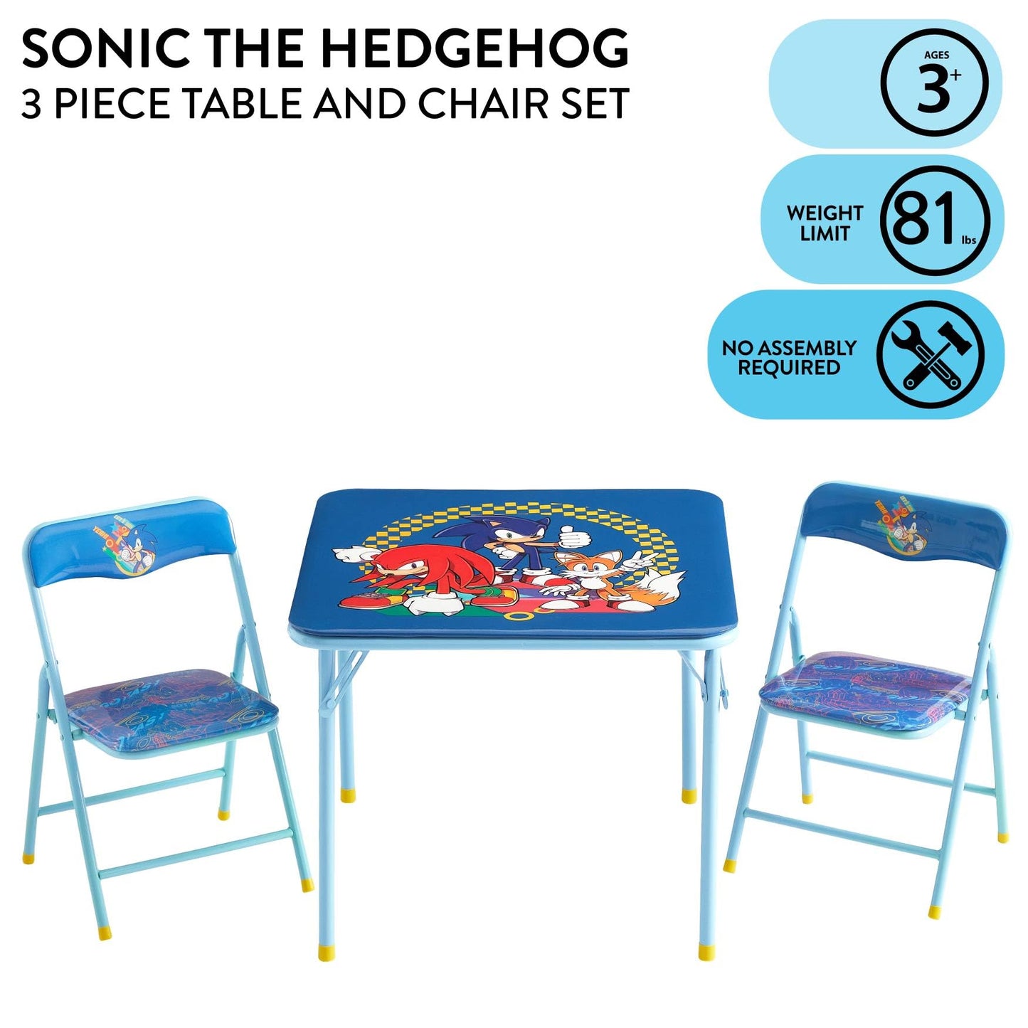 Sega Sonic The Hedgehog Kids Table and Chair Set, 3-Piece Square Table with 2 Folding Chairs for Playroom & Activities