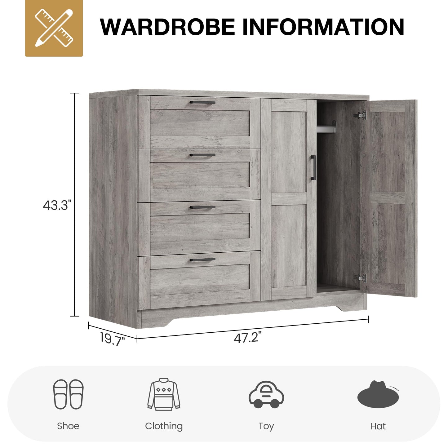 GarveeHome Multifunctional Wooden Dresser for Bedroom, 43.3 in H 2 Door Wardrobe Armoire Closet with 4 Drawers and Hanging Rod, Low Storage Cabinet for Hanging Cloth, Gray