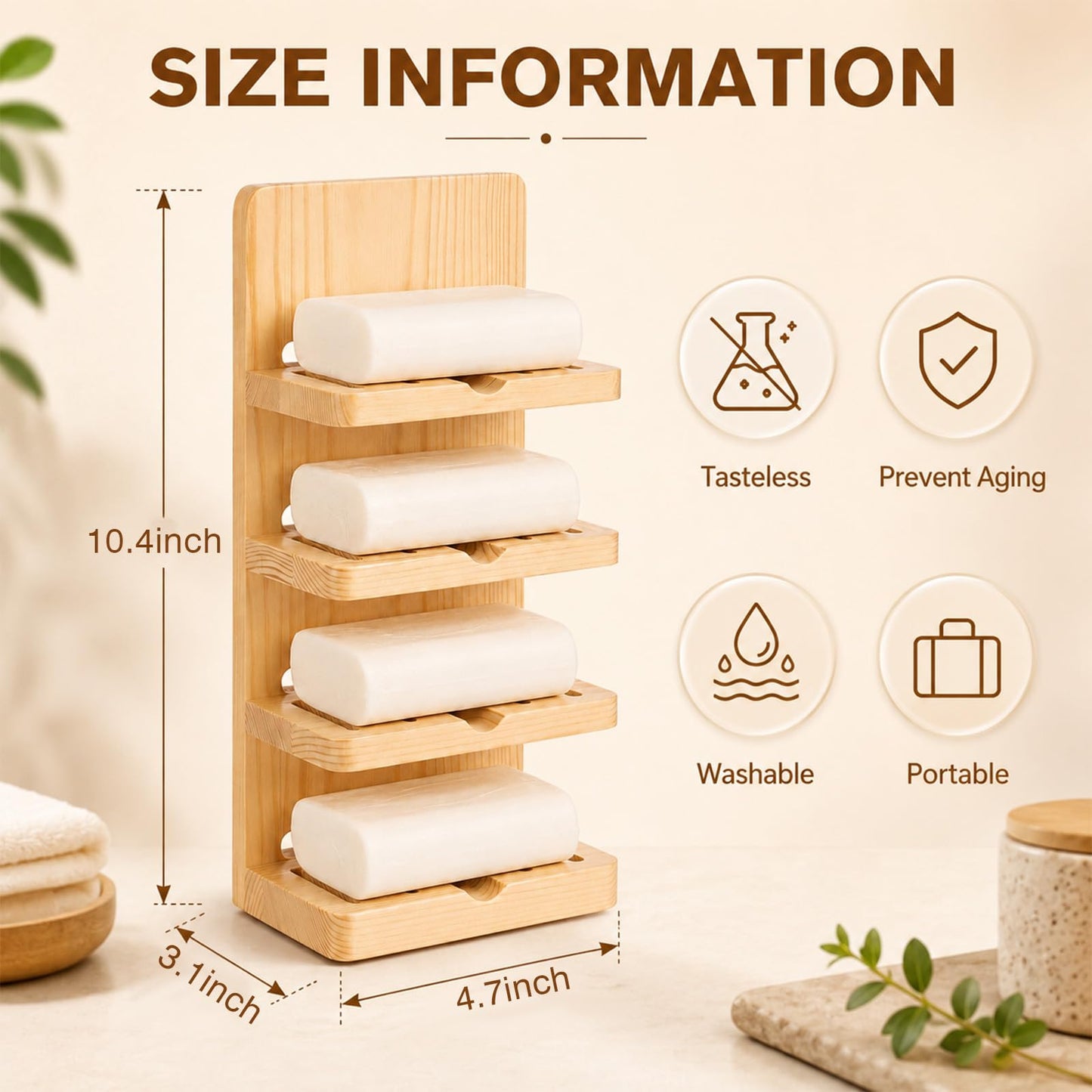 Ferrochef 4 Tier Wooden Soap Holder for Shower, Wall-mountable Soap Dish, Self Draining Bar Storage Organizer, Natural Wooden Bar Rack for Bathroom Counter, Kitchen, Easy Dry Extend Soaps Life