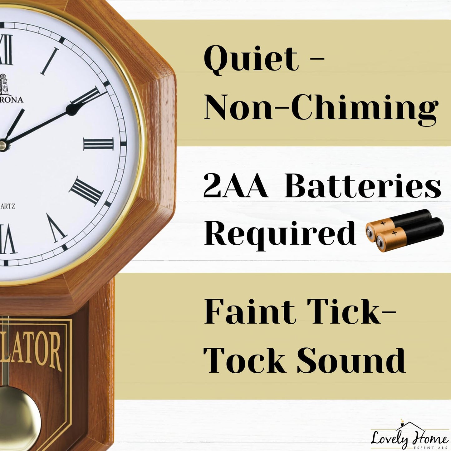 Pendulum Wall Clock Battery Operated - Real Wood Regulator Clock - Schoolhouse Design with Pendulum - Quiet, Non-Chiming - Wooden Wall Decor for Living Room Decor, Home, Office and Gift 18x11