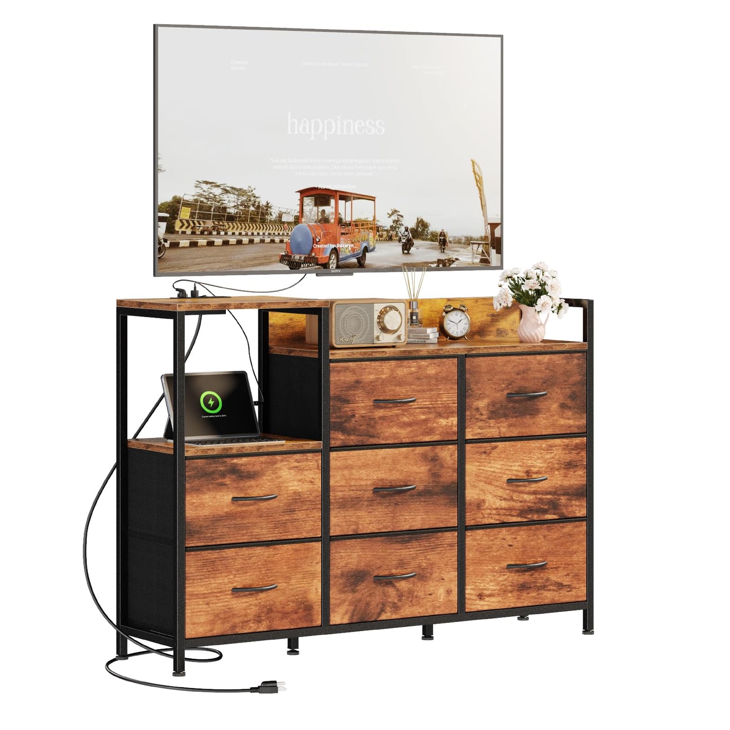 DUMOS TV Stand Dresser with 8 Fabric Drawers & Open Shelves, TV Stand with Wooden Top, Entertainment Center with Charging Station for Living Room, Hallway, Brown