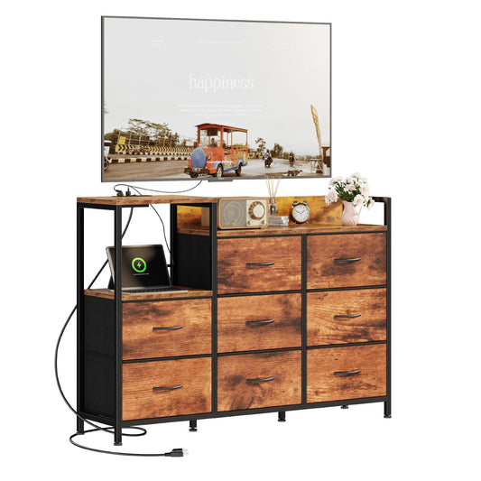DUMOS TV Stand Dresser with 8 Fabric Drawers & Open Shelves, TV Stand with Wooden Top, Entertainment Center with Charging Station for Living Room, Hallway, Brown
