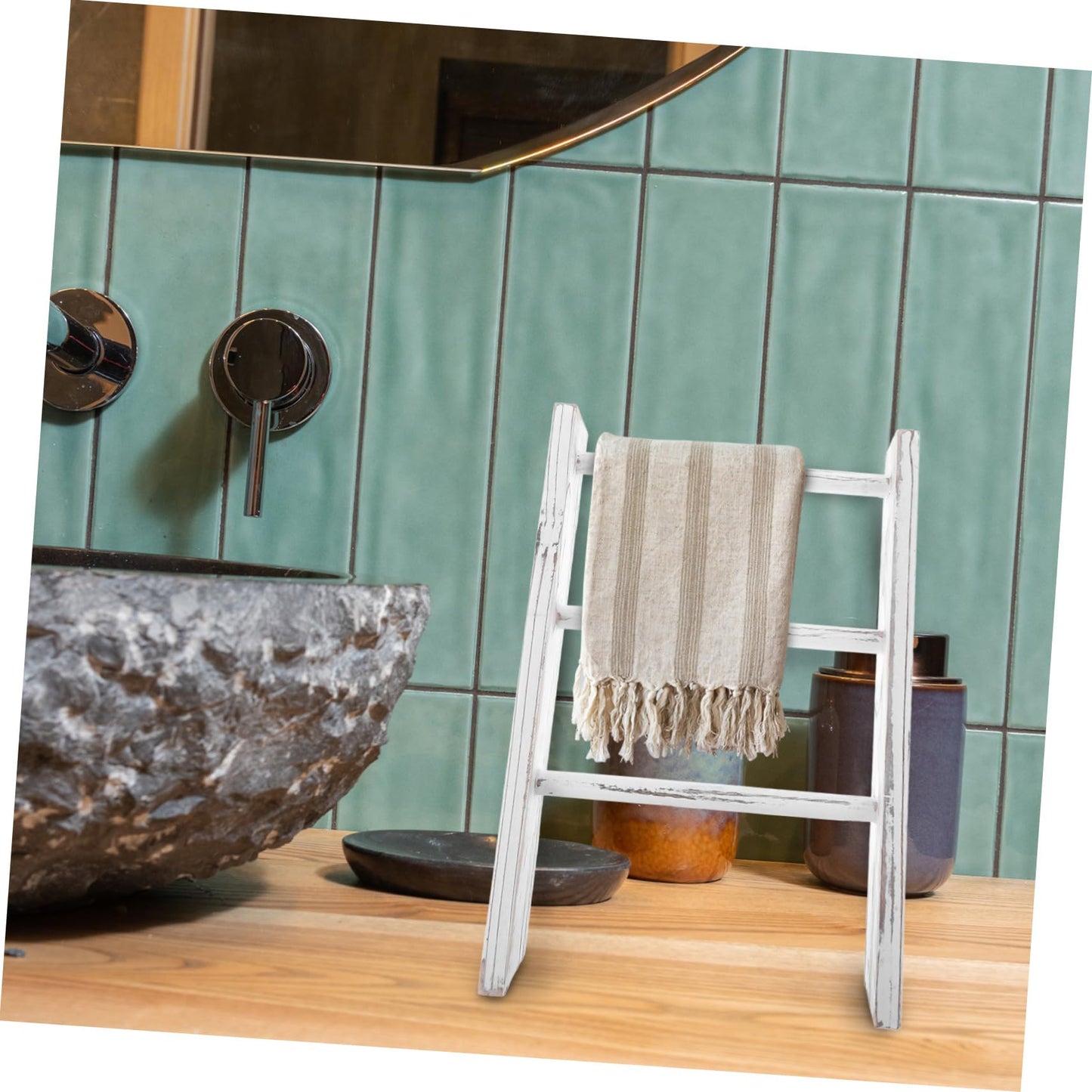 COSMEVIVI Rustic Mini Ladder Towel Rack for Small Spaces Space Saving White Tea Towel Holder and Display Stand Multipurpose Farmhouse Bathroom Decor Organizer Compact Decorative Shelf
