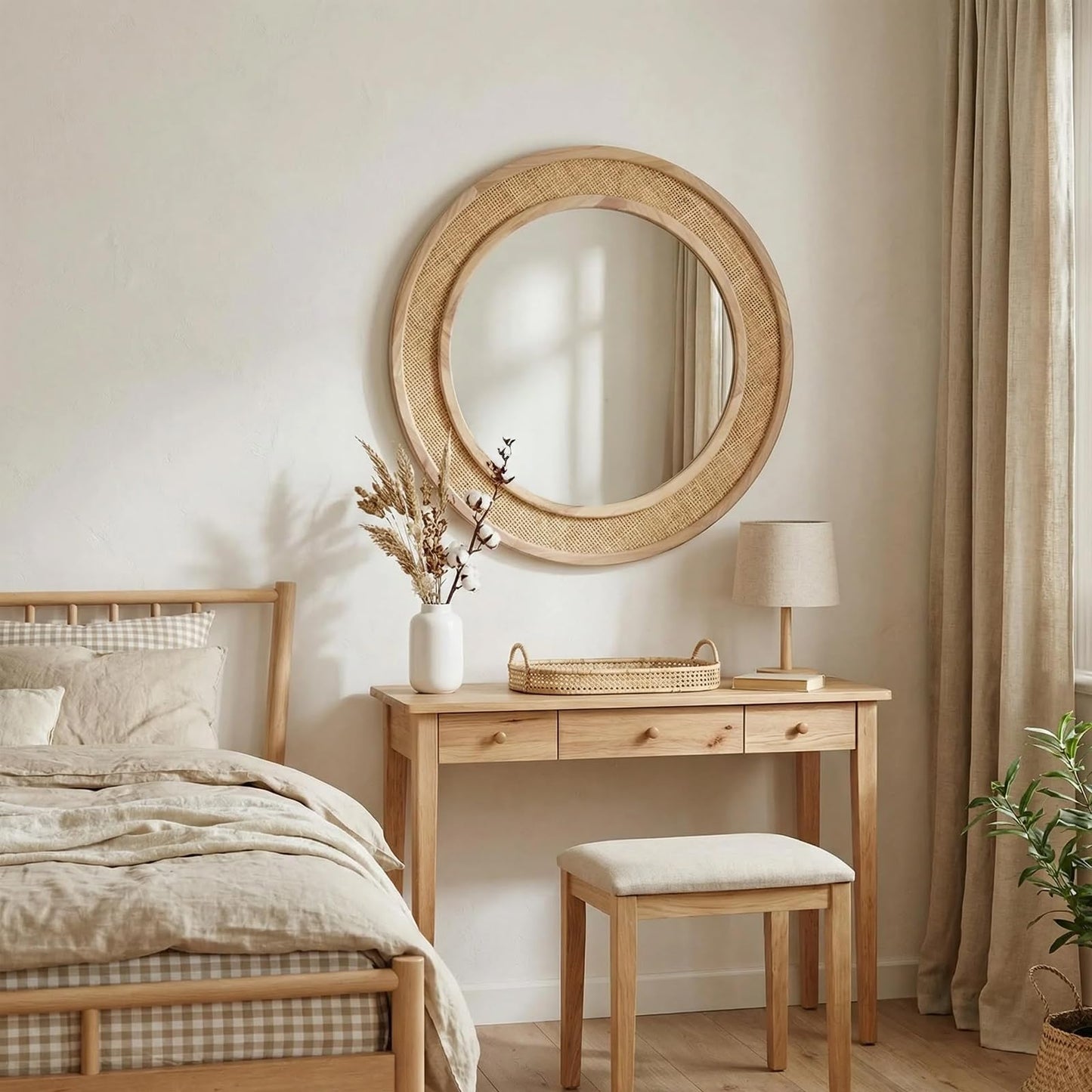 Tunjig 24" Round Rattan Mirror, Circle Wall Mirror, Farmhouse Wooden Vanity Mirror with Handmade Wicker Frame, Decorative Boho Mirror for Nursery Bedroom Living Room Entryway Nature