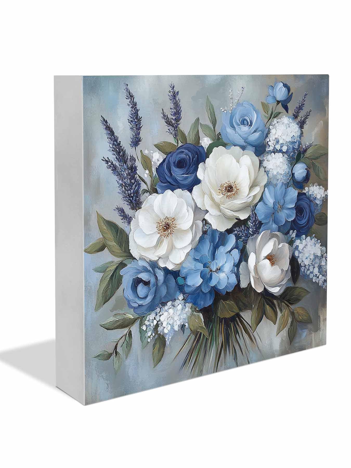 RisQiten Blue Spring Floral Home Room Office Decor Wooden Box Sign, Square Decorative Signs Plaques, Modern Art Flowers Pastoral Desk Decor Wood Block Plaque Shelf Table Decorations Gifts 6"x6"