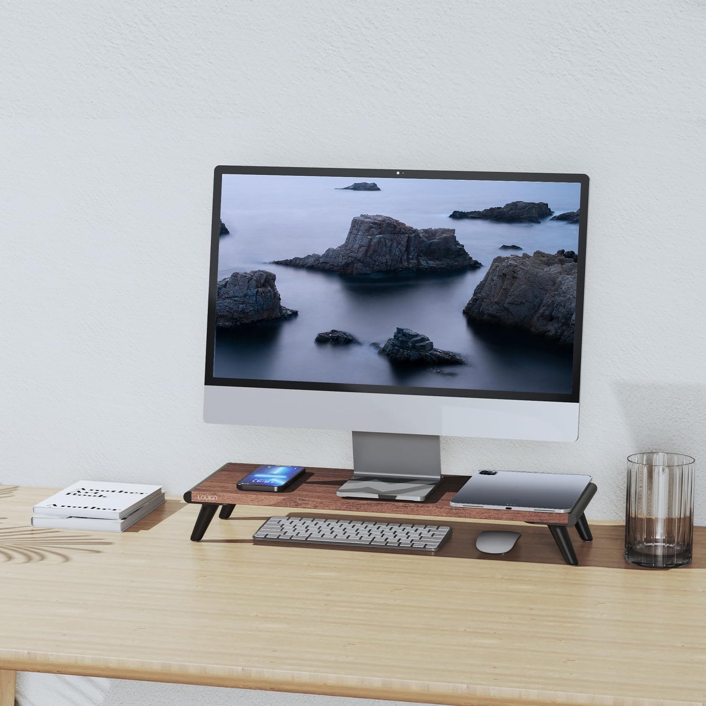 loukin Monitor Stand Riser for Desk, 22.4" x 8.3" Larger Computer Stand for Laptop, PC, Printer, Sturdy Desktop Computer Shelf with Non-Skid Rubber, Home Office (Brown)