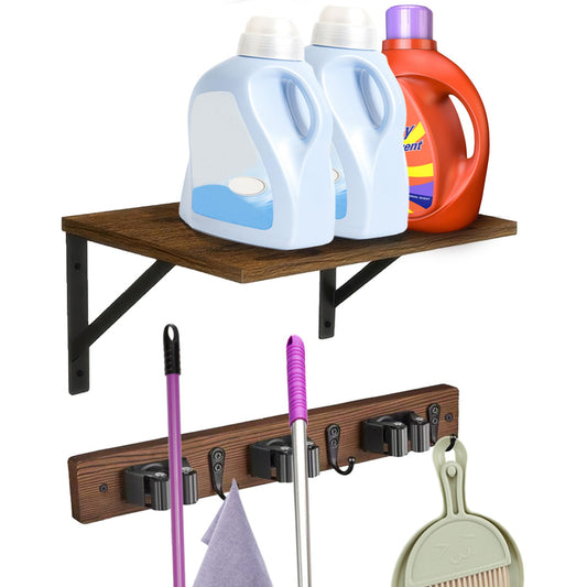 CQPRK Broom and Mop Organizer Wall Hanging with Cleaning Supplies Organizer Shelf Rustic Farmhouse Wood Broom Mop Holder Storage Rack for Laundry Room Garage (1, Brown)