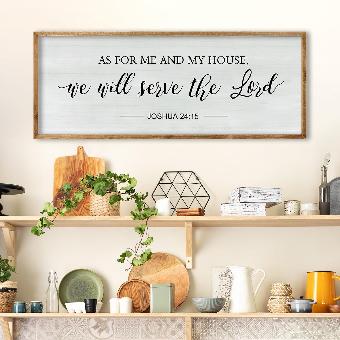RLWangChao As for Me and My House We Will Serve the Lord Wall Decor 40"×15" Family Living Room Wood Framed Home Sign Joshua 24 15 Bible Verse Christian Plaque Hanging Wall Art (Wood)