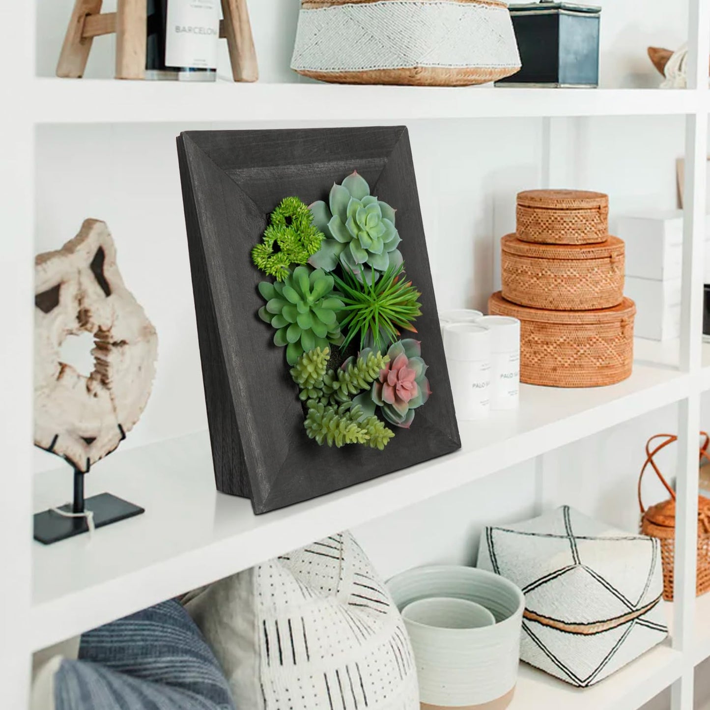 Arborus Fake Plants Succulents 3D Artificial Wall Hanging Plants Indoor Faux Succulent Arrangement in Wooden Planter for Home Farmhouse Kitchen Console Table Wall Decoration