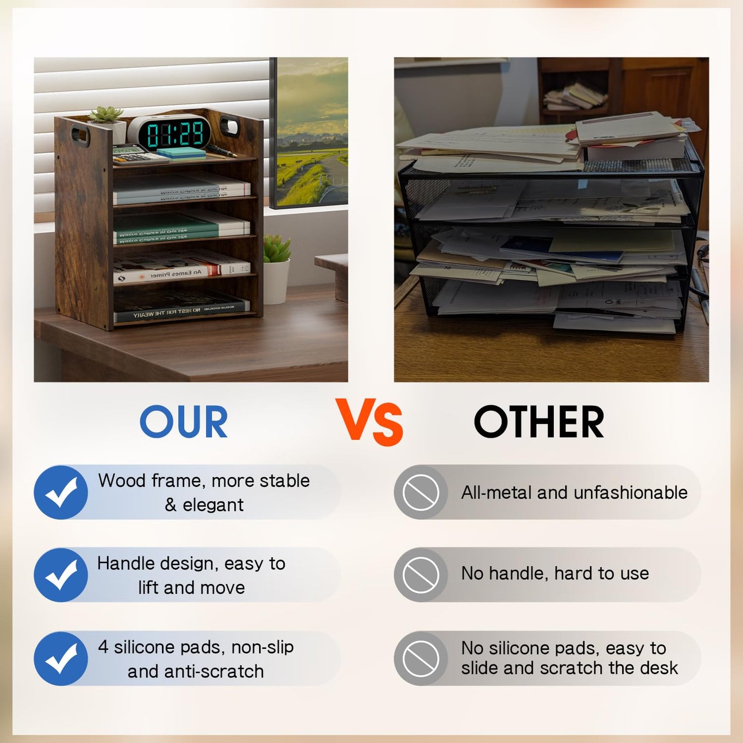 LMZAPET 5-Tier Wood Paper Organizer, File Holder for Desk With Handle - Wooden Paper Letter Tray, Desk Organizer and Accessories, File Cabinet for Home Office, School