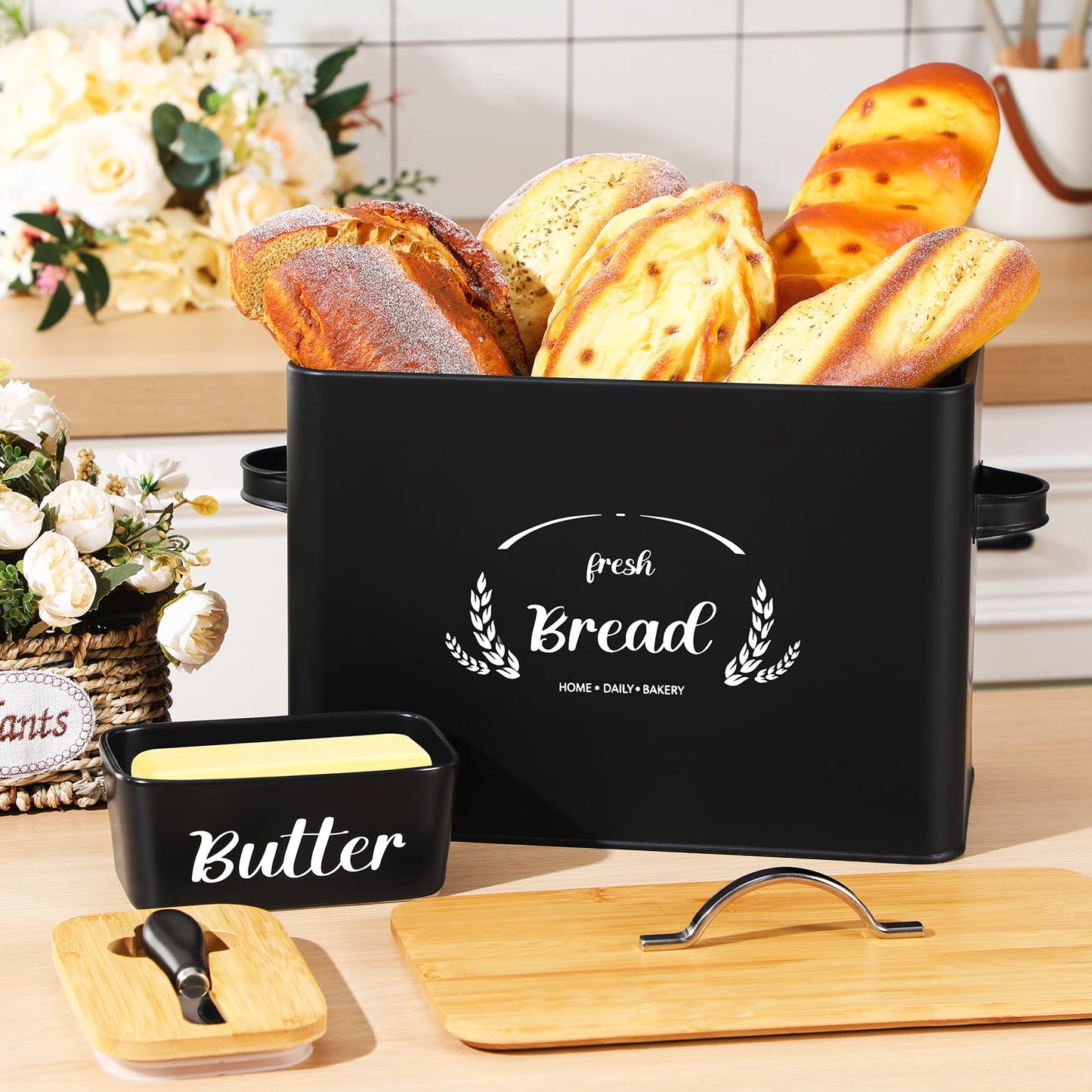 Qinyoung 2 Pcs Large Bread Box Set for Kitchen Countertop with Ceramic Butter Dish Holder Bamboo Lid Knife Metal Bread Holder Farmhouse Kitchen Storage Container for Home Housewarming Gift(Black)