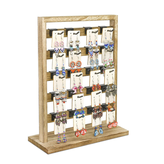 Ikee Design Wooden Jewelry Display Rack with 20 Removable Metal Hooks, Earring Card Display Holder Stand for Earring Cards, Necklaces, Bracelet, Keychain Stand, Oak Color