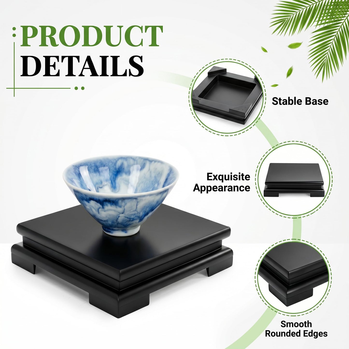 Goaste 2 Pack Square Wooden Display Stand, 6.7" Black Wood Vase Display Base, Minimalist Style Pedestal Stand with Risers for Vases, Teapot, Trophy, Collectibles, Aquarium Lamp, Home Decoration