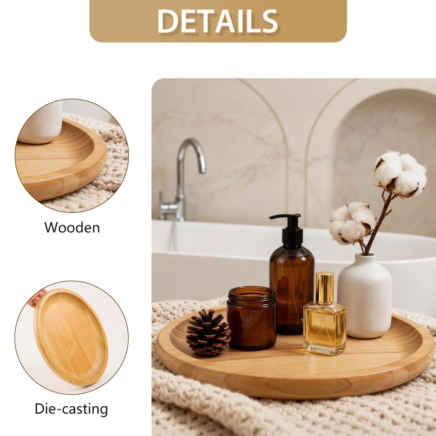Wood Trays 3 Piece Set Decorative Wooden Serving Platters, Round Rustic Decor Trays for Coffee Tea Candle Food Dessert Snack Fruit Perfume Vanity, Oval