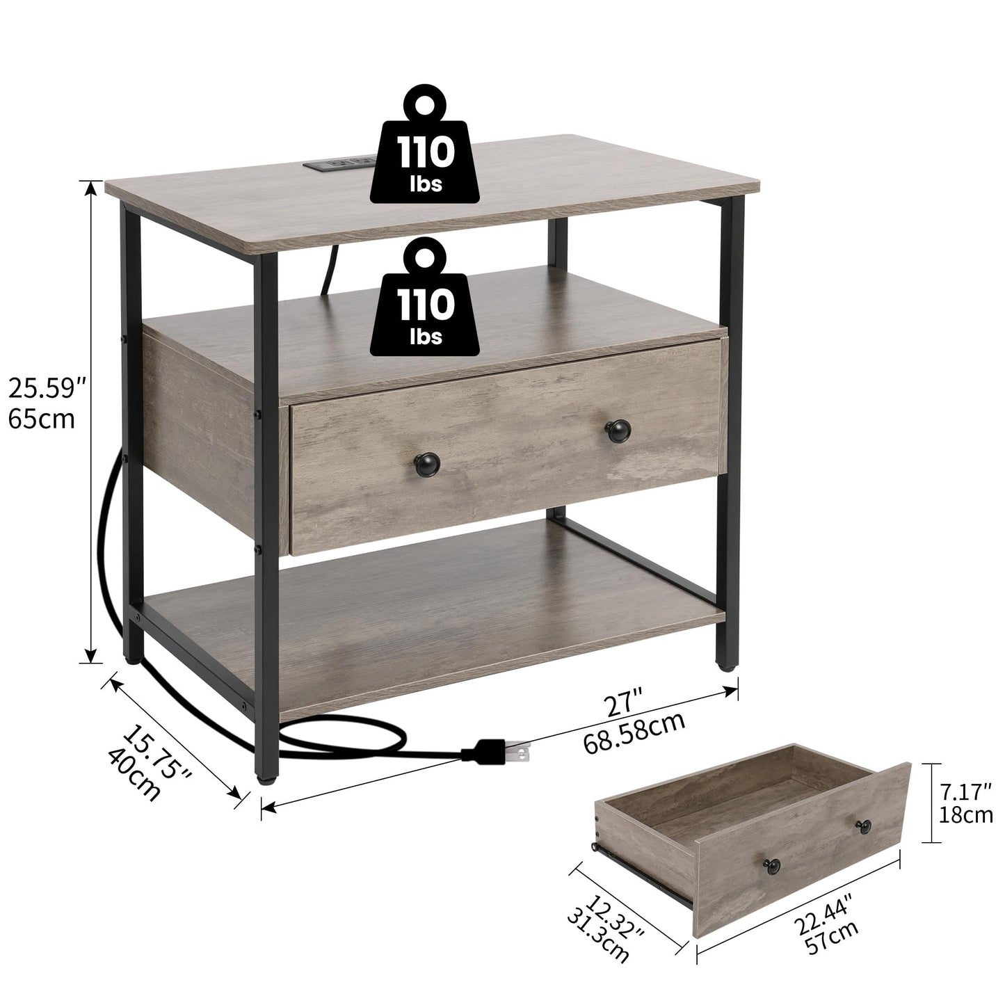 Edbuosy 27 Inch Wide Night Stand with Charging Station, Wood Nightstand with Open Shelf, Large Drawer Bedside Table for Living Room/Bedroom/Office, Rustic Gray