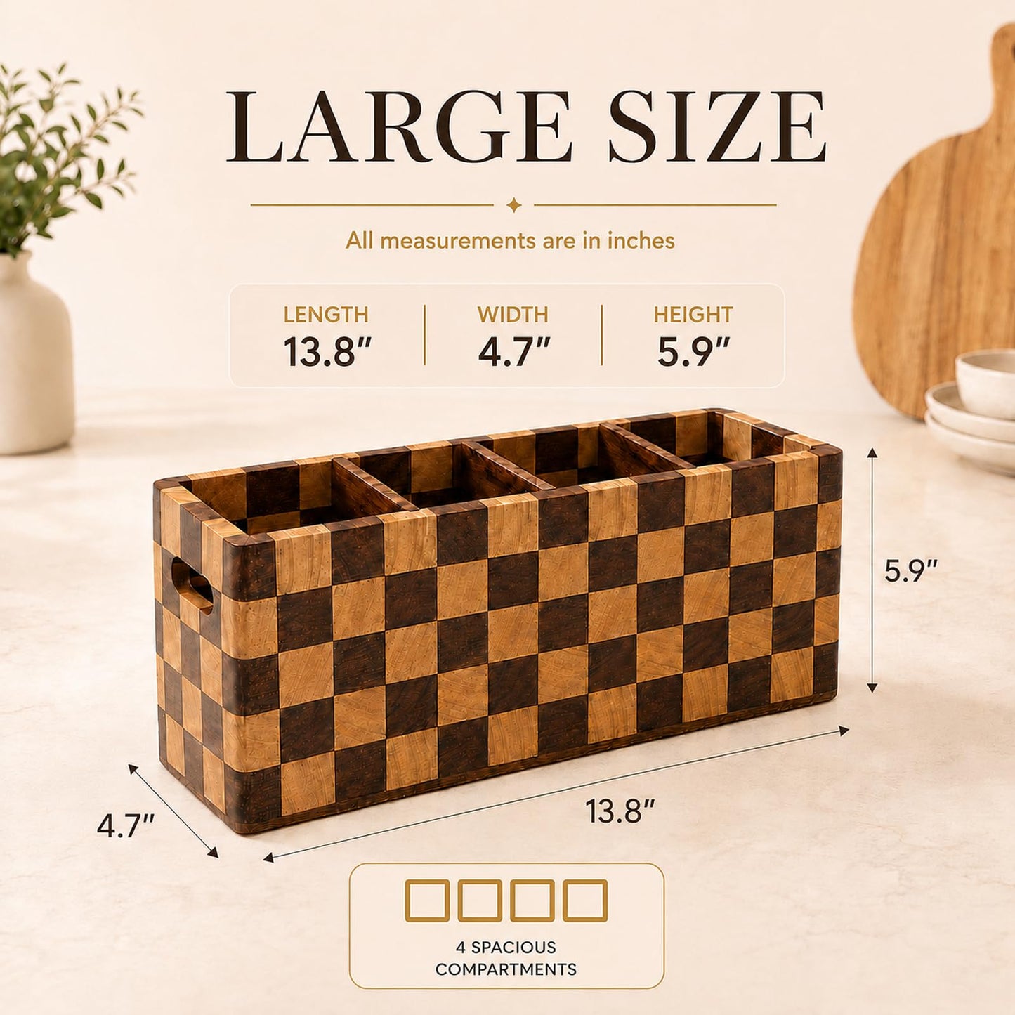 TKISZYZR Acacia Wood Kitchen Utensil Holder Organizer for Counter/Countertop Kitchen Gift, 4-Compartment Crock Caddy with Handle, Spoon Spatula Silverware Storage - Checkered Large