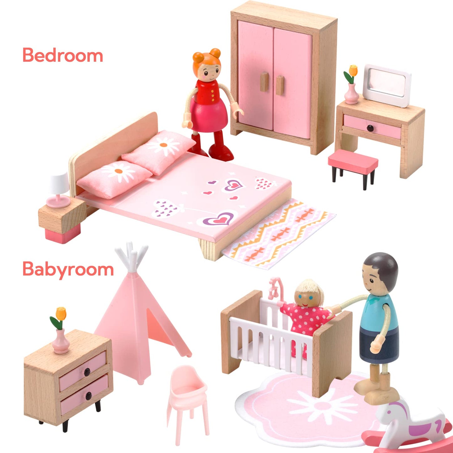Wooden Dollhouse Furniture Set, 72pcs Furnitures with 8 Family Dolls, Dollhouse Accessories Pretend Play Furniture Toys
