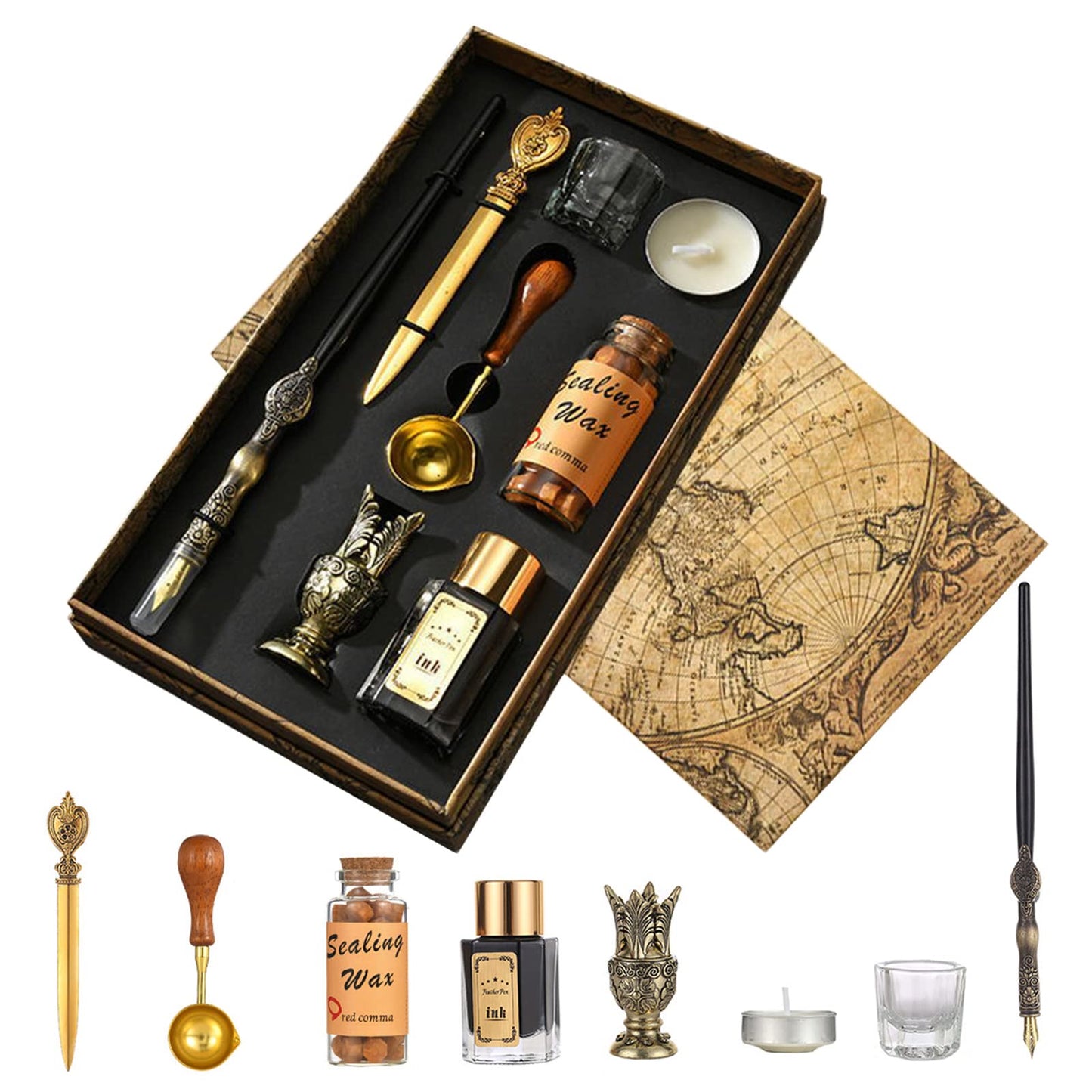 Joyeee Wooden Dip Pen Set with Ink, Vintage Letter Opener Knife, Desk Pen Holder, Tealight Candles, Idea for Writing, Drawing, Signatures, Art Gifts, Envelope Wax Seal Kit with Gold Wax Seal Beads