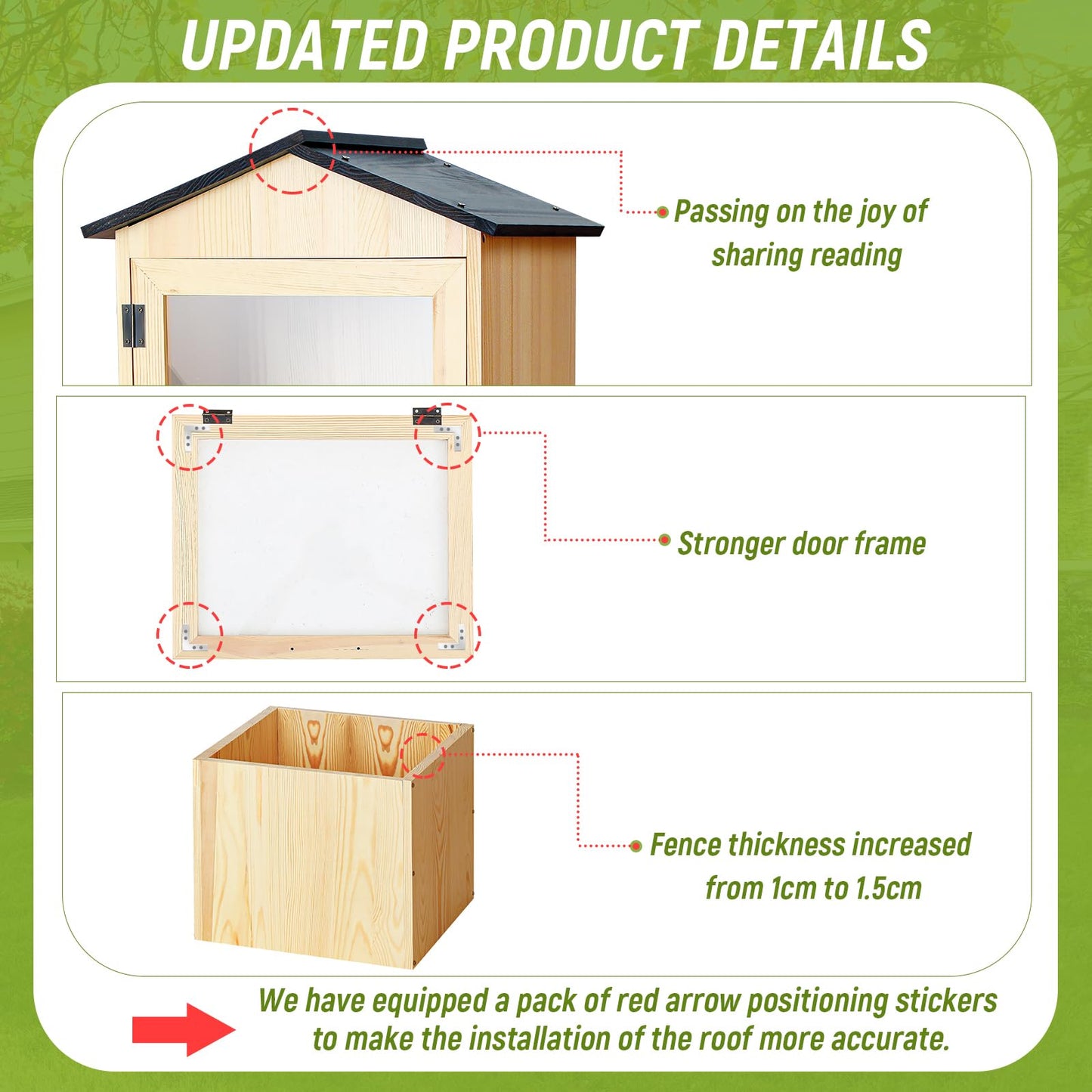 Wonderjune Little Library Box Outdoor with Floor Plugs & Flower Fence, Durable Weatherproof Solid Wood Book Exchange Box for Community, Literature, School Sharing Book(Natural Wood,Steepletop)
