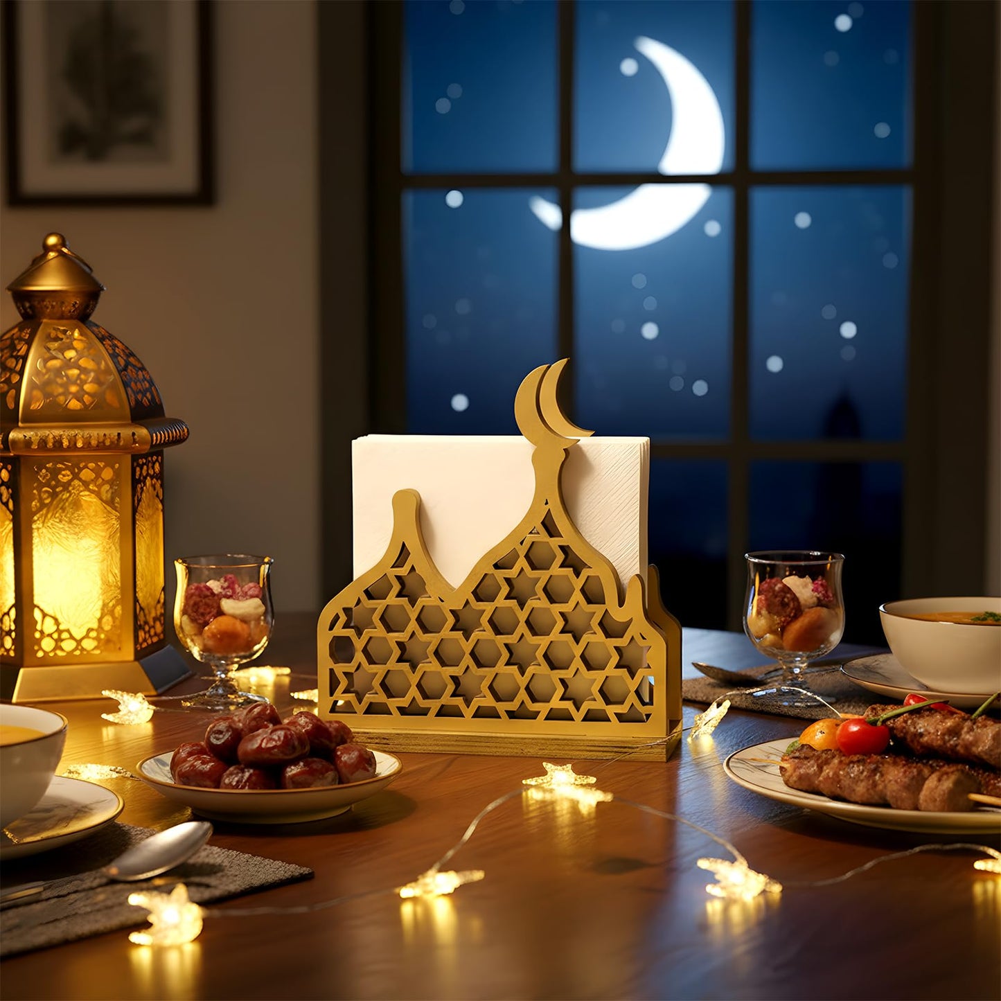Namalu Eid Gold Napkin Holder for Tables Classical for Islamic Ramadan Holiday Napkin Holder Wooden Ramadan Kareem Tissue Dispenser Mubarak Wood Tissue Dispenser for Storage