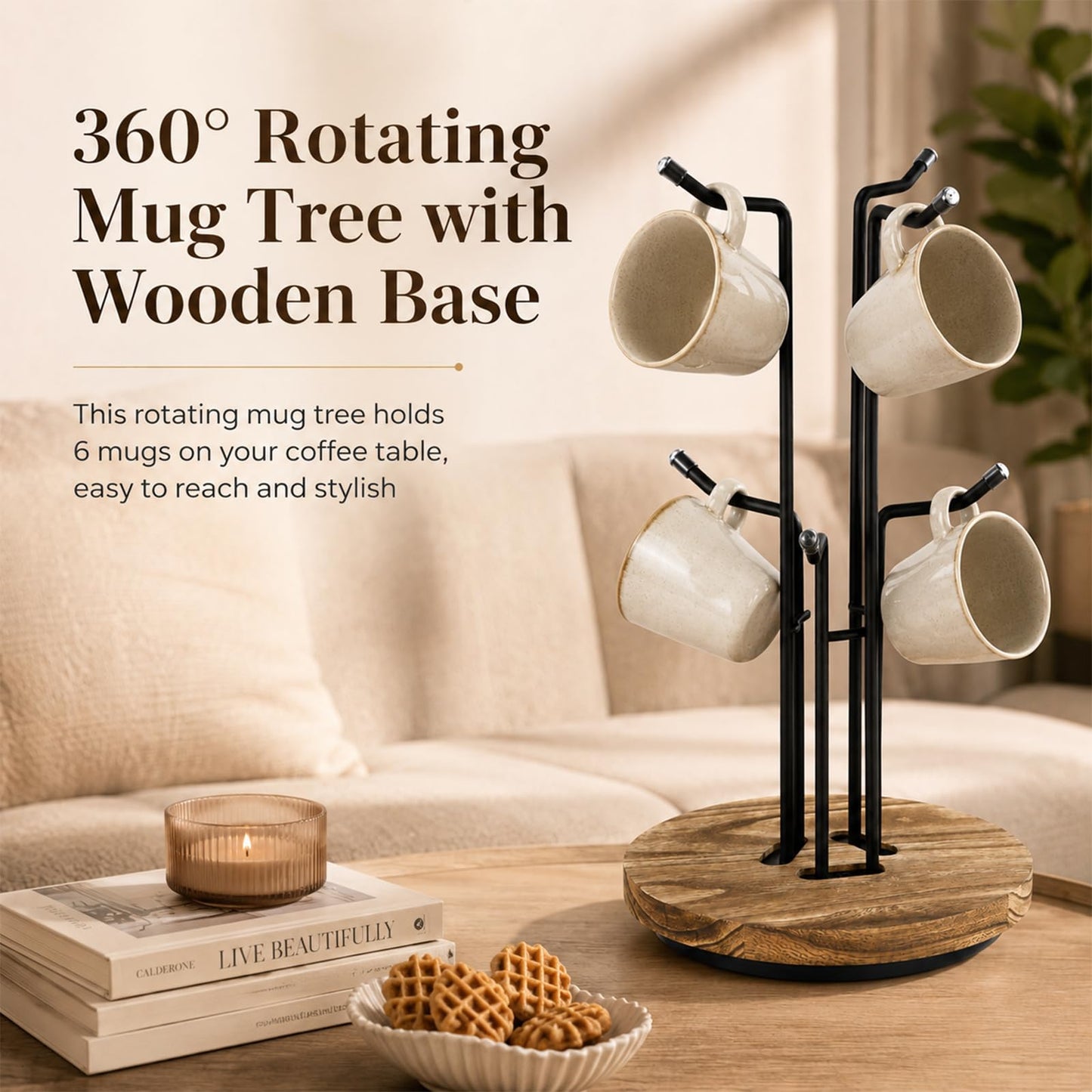 Skdqiee 360° Rotating Mug Tree, 2-Tier Countertop Coffee Mug Holder with Weighted Wooden Base, Metal Cup Hook Rack for Kitchen Coffee Bar & Home Decor