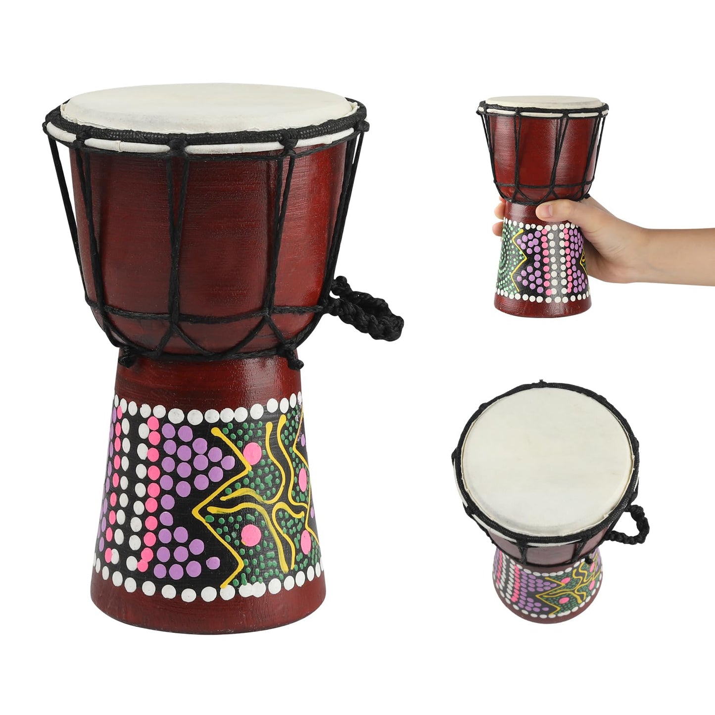 GOGHOST Mini Wood Djembe Drum, 4.5'' x 8''Carved Mahogany African Drums with Goatskin Drumhead, West African Styled Professional Small Djembe Hand Drum Musical Instruments for Beginners