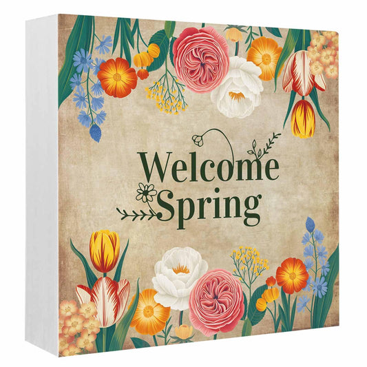 Welcome Spring Wood Box Sign Desk Decor, Watercolor Flowers Farmhouse Green Leaves Vintage Decorative Wooden Block Box Sign Decorations for Home Office Shelf Table Decor 6x6 Inches