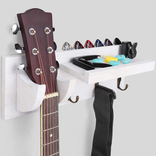 Bikoney Guitar Wall Mount Hanger with Shelf, Guitar Holder Wall with Pick Holder and 3 Hooks, Guitar Stand Wall for Acoustic, Electric, Bass, Ukulele, Vintagte White [U.S. Patent]