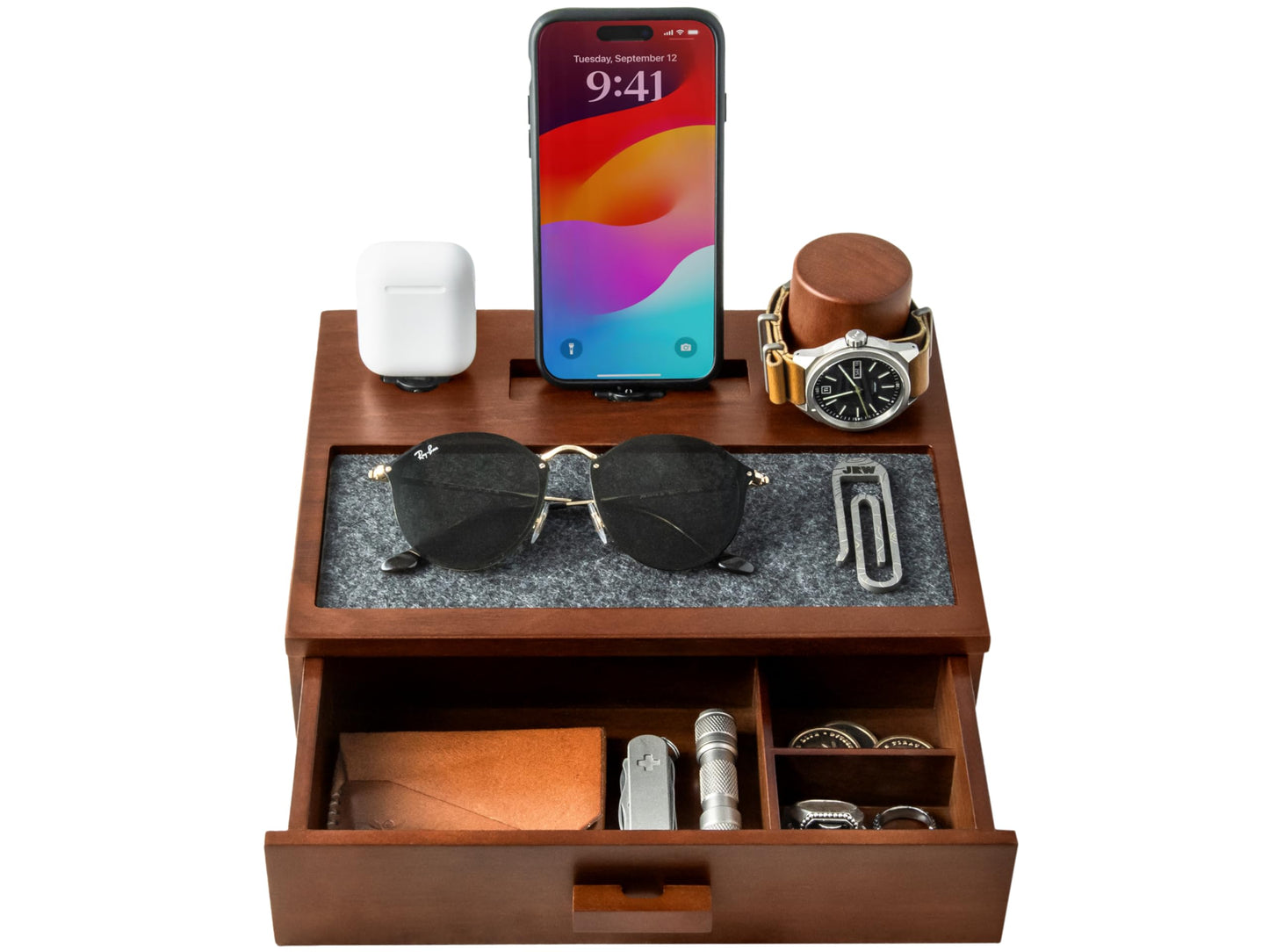 Holme & Hadfield Premium Wooden Phone Docking Station with Drawer – Nightstand Organizer for Charging Phone & Earbuds – Declutter Your Space with Felt-Lined Protection & Watch Pillar - Gift for Men