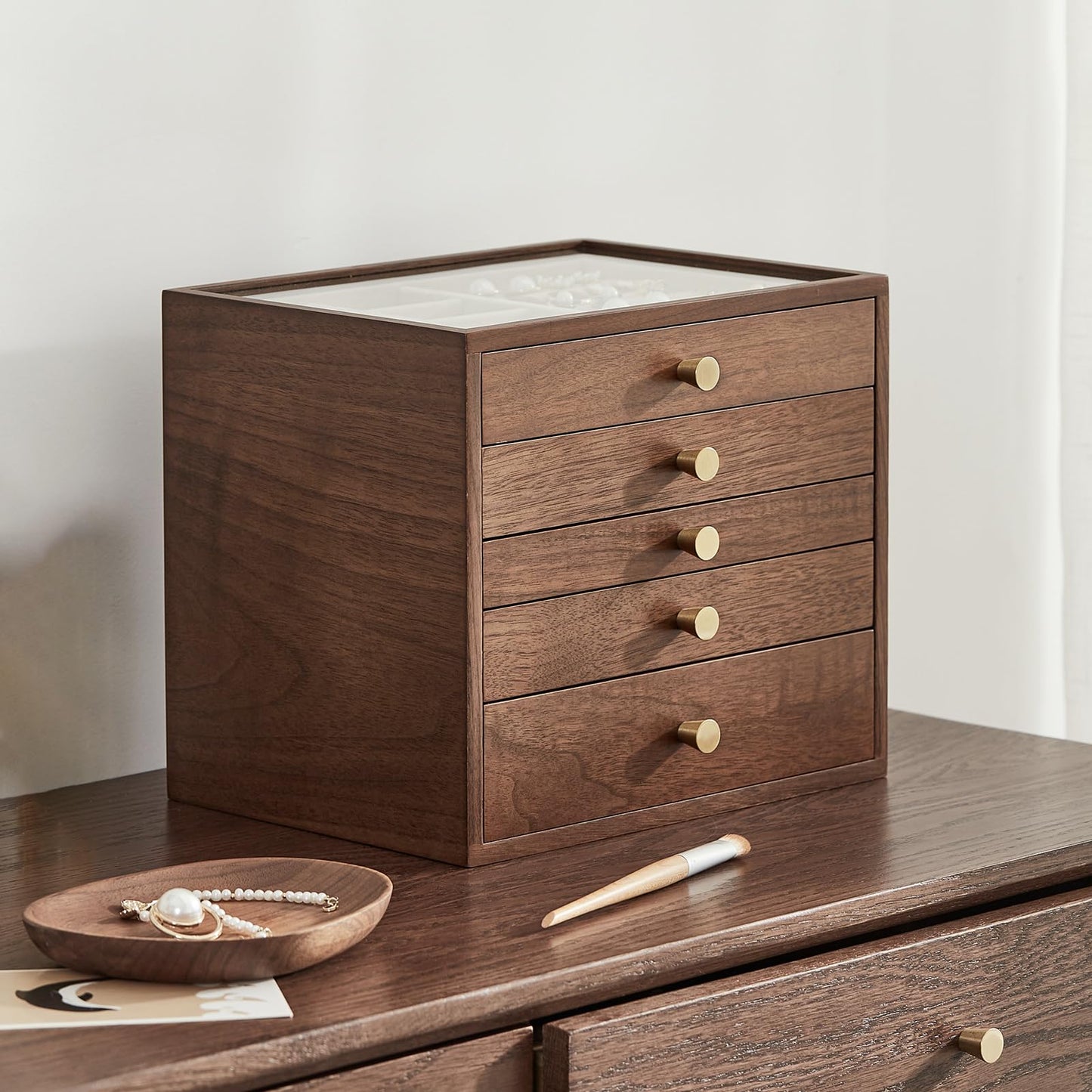 Homruilink Black Walnut Wooden Jewelry Box Women large 5 Layer Drawer Wood Organizer Box with Glass Lid for Necklaces, Watch, Necklace, Ring, Earring Storage - Fathers Day Gift
