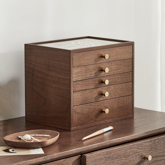 Homruilink Black Walnut Wooden Jewelry Box Women large 5 Layer Drawer Wood Organizer Box with Glass Lid for Necklaces, Watch, Necklace, Ring, Earring Storage - Fathers Day Gift