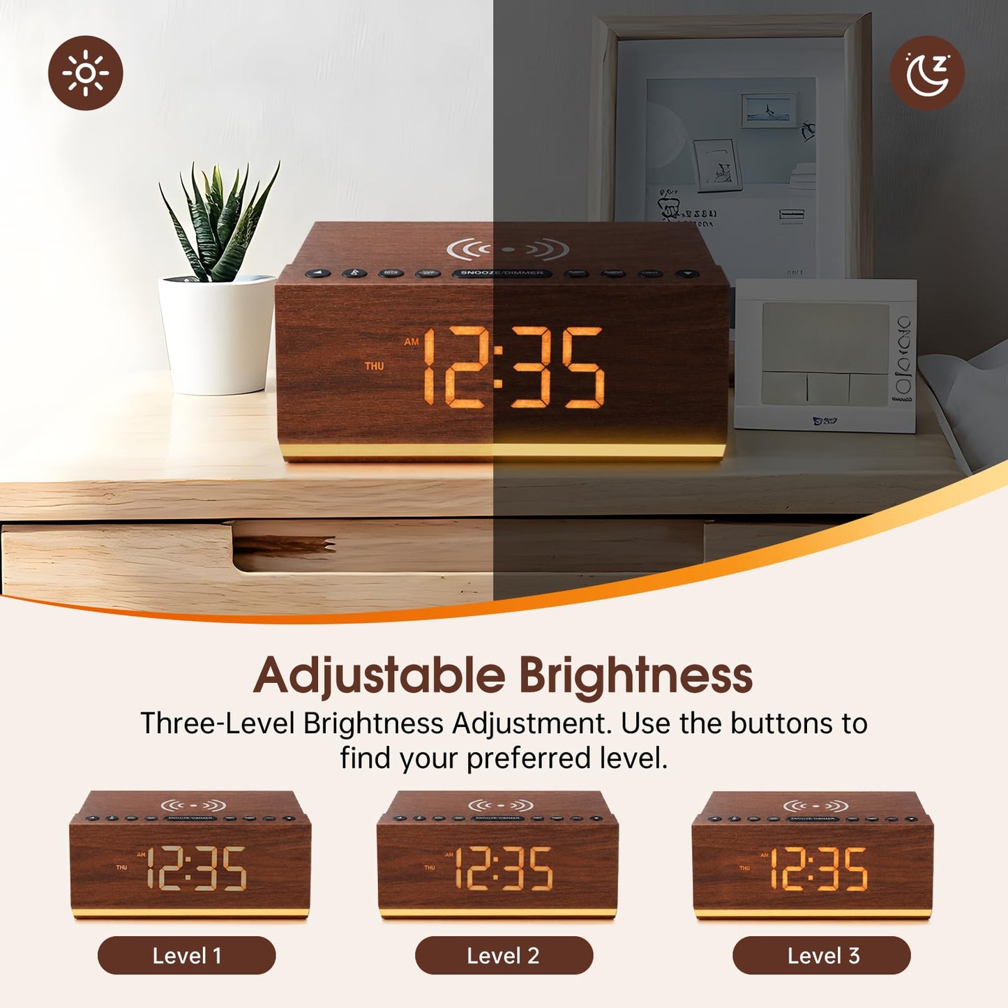 Hoifen Wooden Digital Alarm Clock with Bluetooth Speaker, Wireless Charging, FM Radio, Night Light, Auto Time Sync, Dual Alarms, USB Port, 9-Min Snooze for Bedroom, Desk, Bedside Clock Home Decor Gift