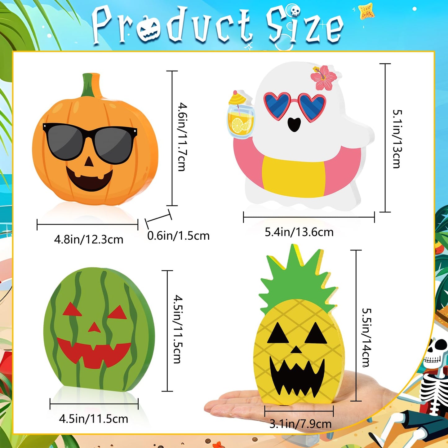Kathfly 4 Pcs Summer Halloween Tiered Tray Decor Tropical Wooden Table Signs Spring Hawaii Ghost Pumpkin Watermelon Pineapple Decorative Trays for Halloween in Summer Shelf Desk Display Party Gifts