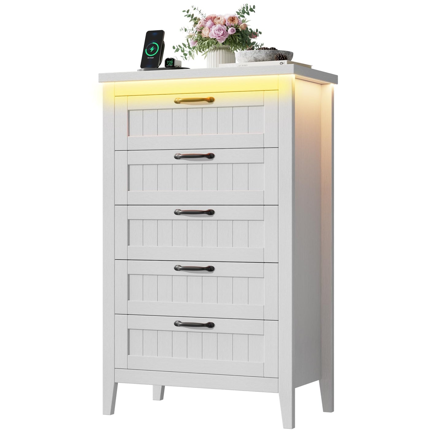 GarveeHome Farmhouse Tall 5 Drawer Dresser with Charging Station & LED Lights, Slim Wooden Bedroom Dresser, Rustic Chest of Drawers Clothes Storage Organizer for Closet Dorm Apartments, White