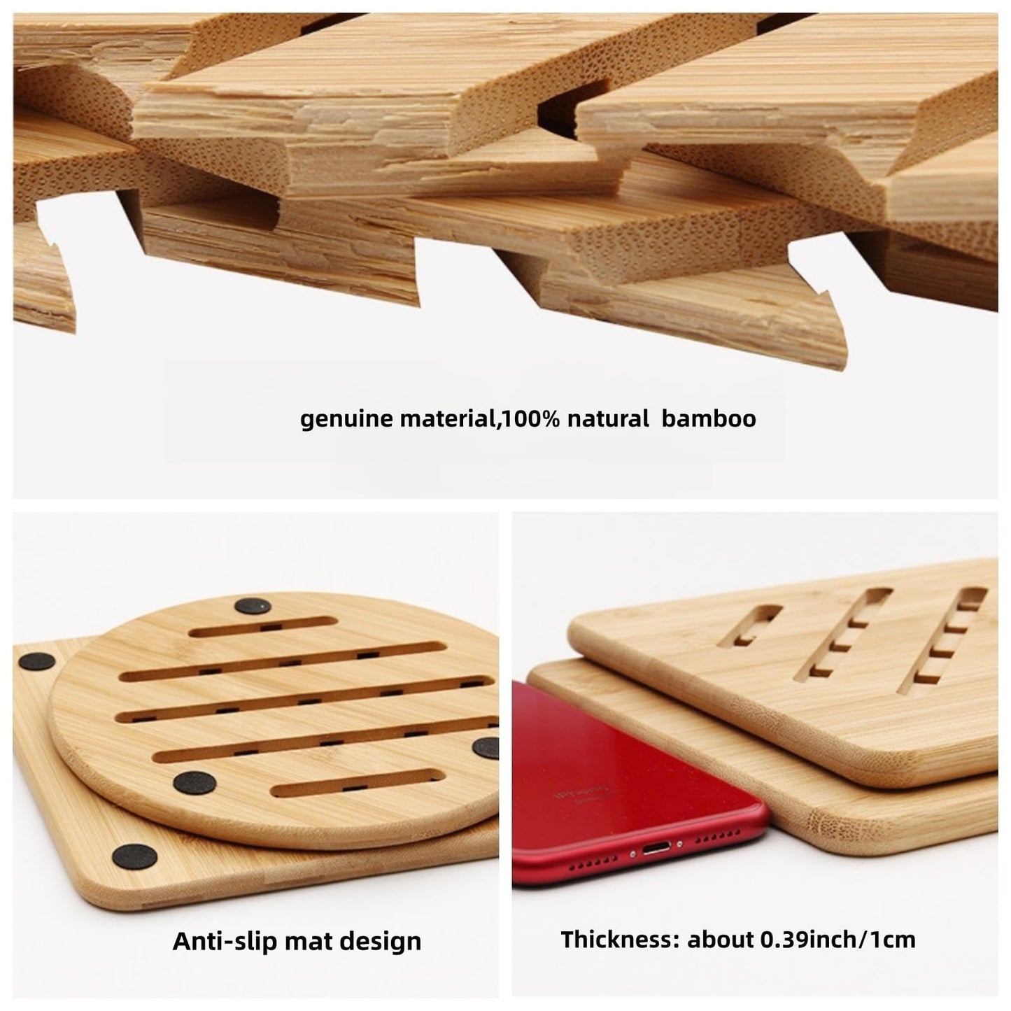 Alfto Hot Pads Trivet,Table Solid Bamboo Wood Trivets for Hot Dishes and Pot with Non-Slip Pads Heat Resistant Pads Teapot Trivet 4pcs(Multi Size,2 Square 2 Round)