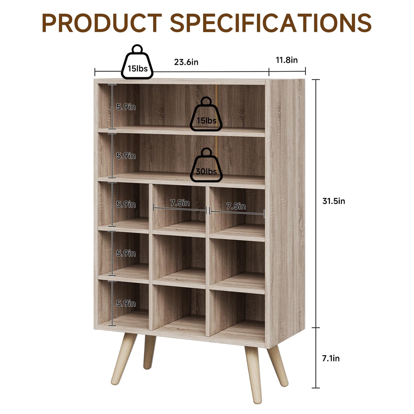 MIKORYS2X 5 Tiers Shoe Cubby, Shoe Storage Cabinet with 9 Cubbies, Wooden Shoe Rack Organizer with 2 Shelves and Legs, 10-15 Pairs, Freestanding Cubby Shoe Rack for Closet, Entryway, Bedroom, Natural