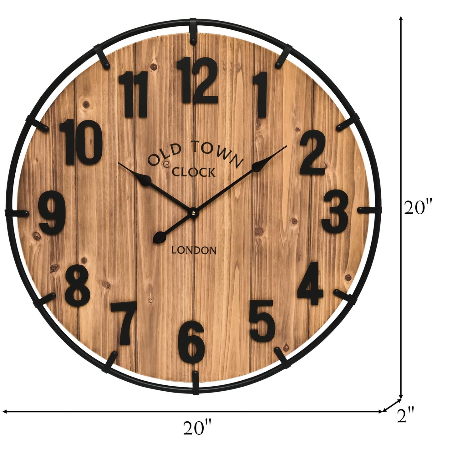 MICWIC 20 Inch Farmhouse Wall Clock Large Old Town Vintage Rustic Wooden Clock with Metal Rim and Large Numerals, Silent Battery-Operated for Office, Kitchen, Bedroom, and Living Room